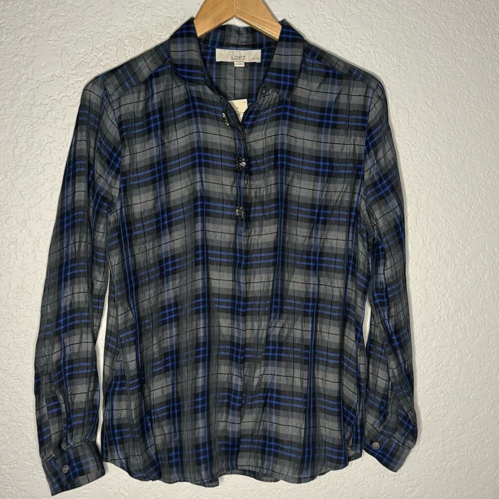 NEW Loft Plaid Button Up Shirt Jewel Buttons Large Petite Grey Blue Preppy Twee